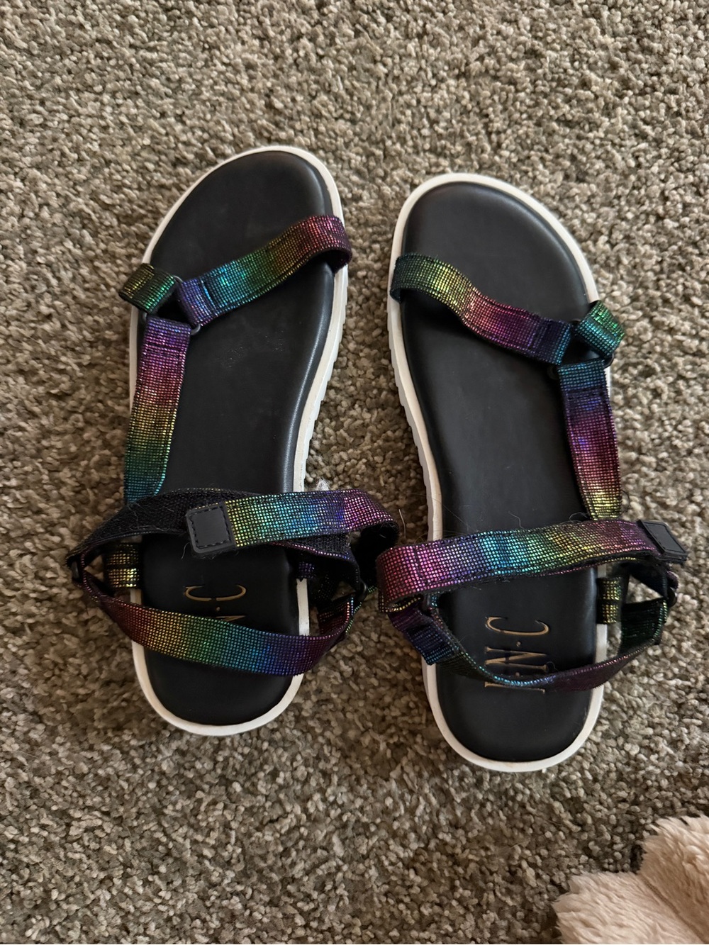 INC girls size 5 iridescent black and white sandals.